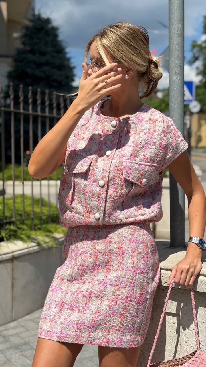 Рожева твідова жилетка, Рожевий, XS/S