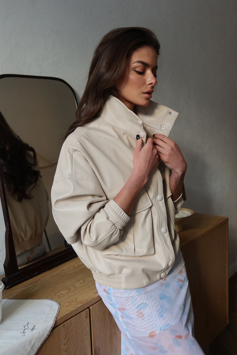 Milk faux leather bomber jacket with patch pockets