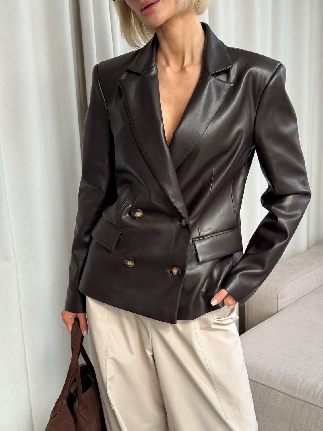 Chocolate fitted faux leather jacket